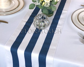 Navy and White Stripe Table Runner 10.5in Wide with White Stripes on the Borders