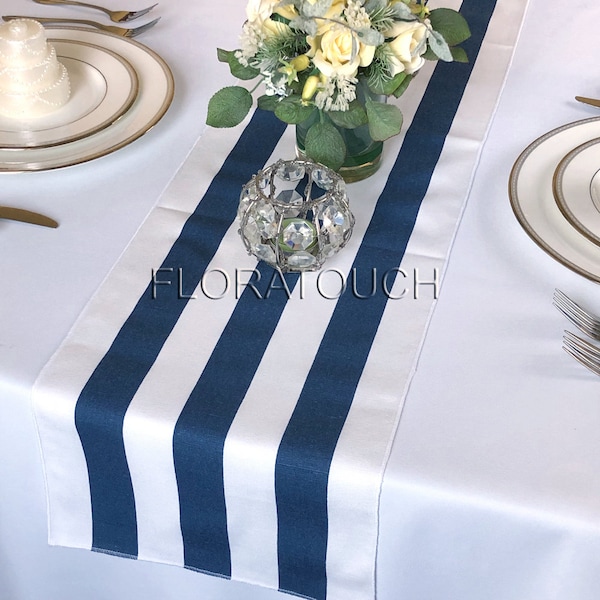 Navy and White Stripe Table Runner 10.5in Wide with White Stripes on the Borders