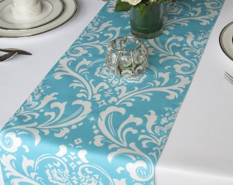 Traditions White Damask on Light Turquoise Pool blue Wedding Table Runner