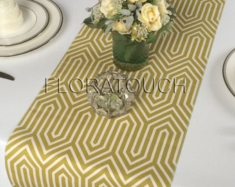 Trail Village Green and Natural Damask Table Runner Wedding Table Runner