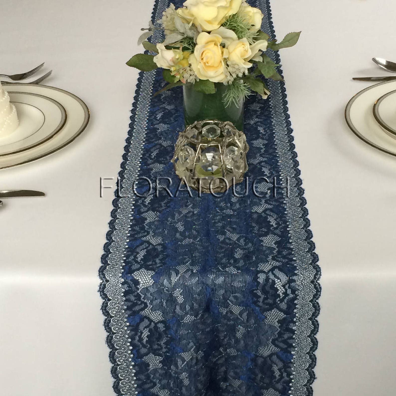 Navy Blue Lace Table Runner With Metallic Thread Wedding Table Etsy