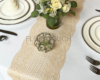 Champagne Gold Lace Table Runner With Symmetrical Floral Pattern Wedding Table Runner LCG06