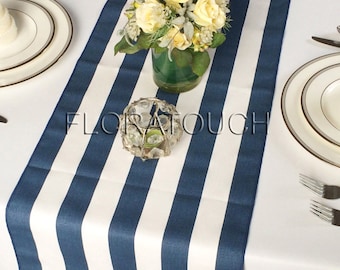 White and Navy Stripe Table Runner Wedding Table Runner with navy stripes on the borders