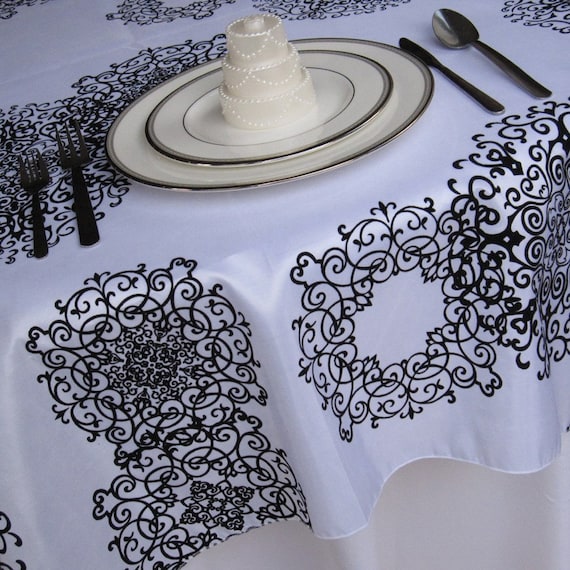 White and Black Medallion Damask Tablecloth Flocked Damask Etsy