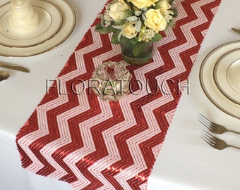 Red and White Chevron Sequin Table Runner Wedding Table Runner