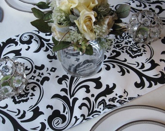 Traditions White and Black Damask Table Runner Wedding Table Runner Black on White