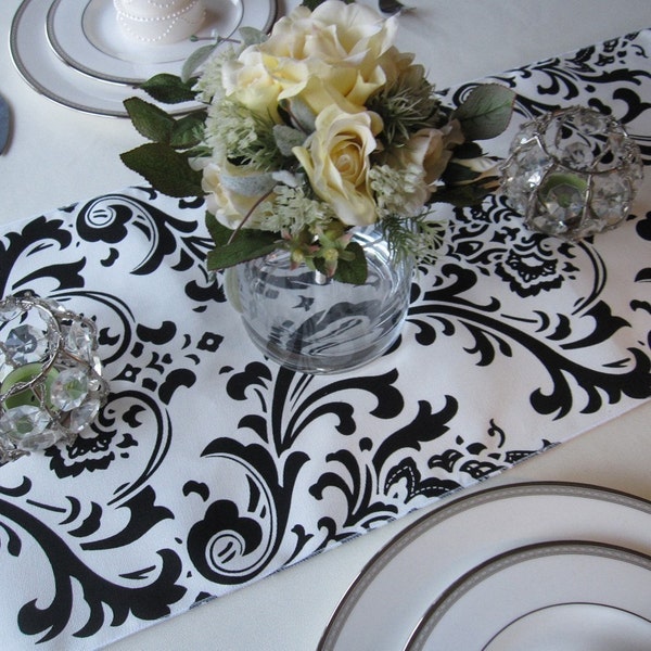 Traditions White and Black Damask Table Runner Wedding Table Runner Black on White