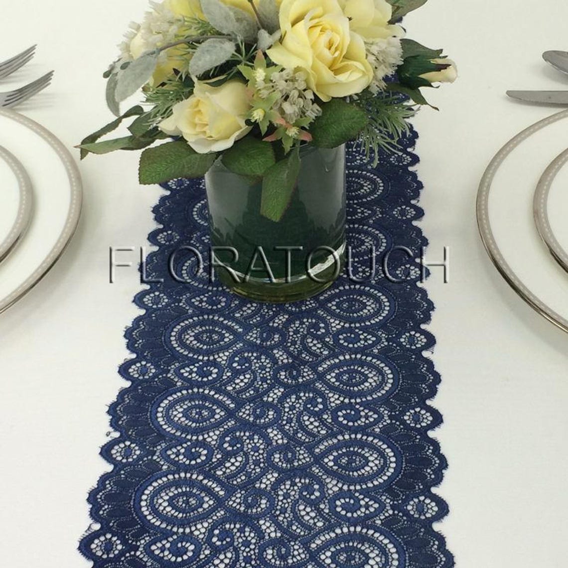 Navy Blue Lace Table Runner With Scalloped Edge Wedding Table Etsy