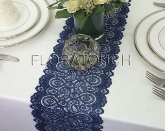 Navy Blue Lace Table Runner with Scalloped Edge Wedding Table Runner