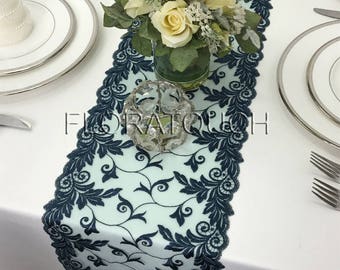 Navy and Turquoise Lace Table Runner Wedding Table Runner