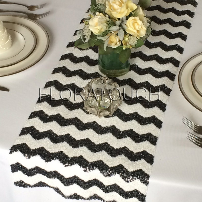 Black and White Chevron Sequin Table Runner Wedding Table Etsy