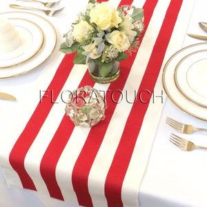 May include: Red and white striped table runner with a white background and red stripes. A small glass vase with white flowers and a clear glass candle holder are on the runner.