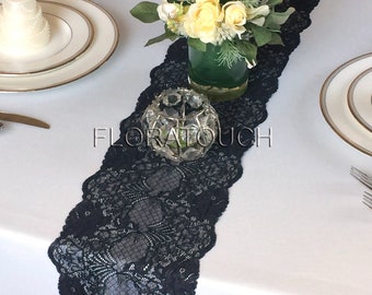 Black Floral Lace Table Runner Style LBlk05 7" Wide - Limited stock