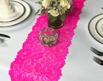 Bright Hot Pink Floral Lace Table Runner Wedding Table Runner - 9 inch wide