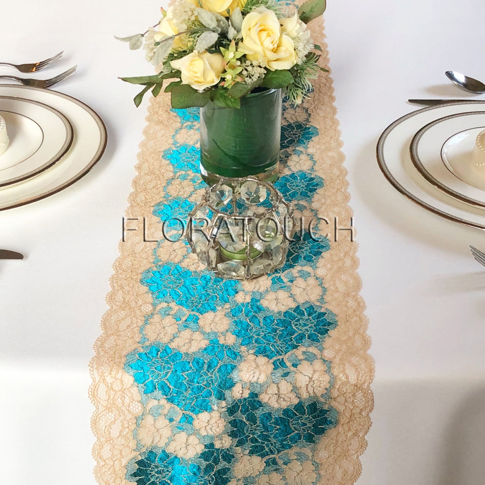 Teal and Gold Lace Table Runner Wedding Table Runner LTG01 Etsy