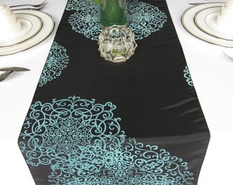 Black Aqua Medallion Damask Table Runner Flocked Damask Taffeta Wedding Table Runner