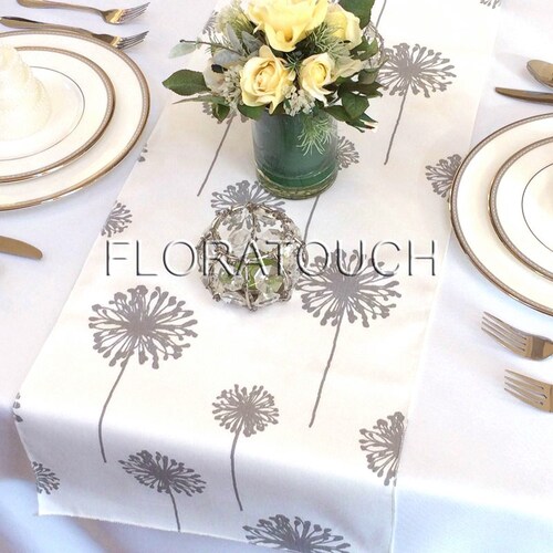 White and Gray Dandelion Table Runner Wedding Table Runner Etsy