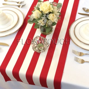 White and Red Stripe Table Runner Wedding Table Runner with red stripes on the borders