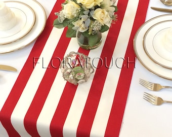 White and Red Stripe Table Runner Wedding Table Runner with red stripes on the borders