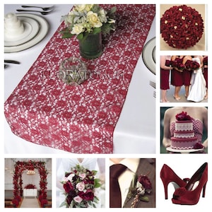 May include: A collage of images showcasing a burgundy wedding theme. The images include a lace table runner, floral arrangements, a wedding cake, bridesmaid dresses, a wedding arch, and a pair of burgundy shoes.