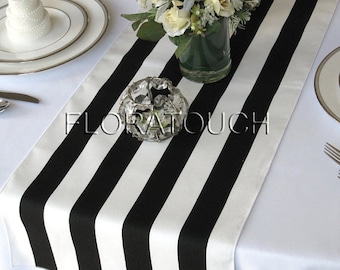 Black and White Striped Table Runner Wedding Table Runner with white stripes on the borders 13in wide