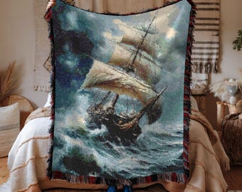 Geweven deken in Michelangelo-stijl: nautisch decor schip in ruwe zee