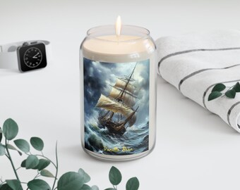 Geurkaars: schip in ruwe zee, nautisch woondecoratie