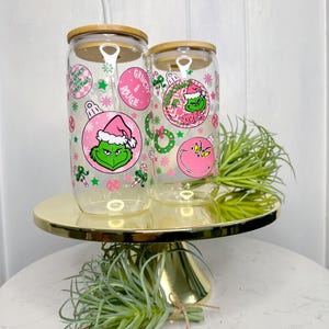 Pink Grinch Glass Cup