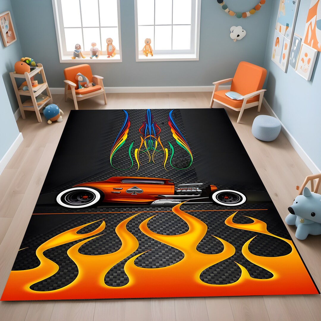 Hot Rod Decor,flame Design Carpet,custom Car Rug,vintage Car Rug,cool ...