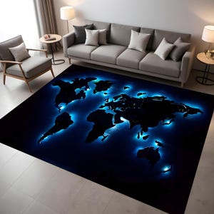 Alfombra con mapa del mundo, alfombra con luz de neón, alfombra futurista, decoración moderna con mapa, alfombra oscura, alfombra para sala de estar, decoración del hogar, alfombra para sala de estar, alfombra de tendencia, regalo para ella