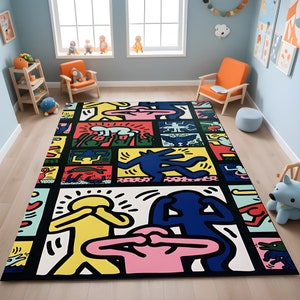 Alfombra de Keith Haring, alfombra de dibujos animados de colores, alfombra de arte callejero, alfombra con gráficos divertidos, alfombra de habitación genial, alfombra para habitación de niños, regalo para niños, decoración bonita para el hogar, alfombra personalizada