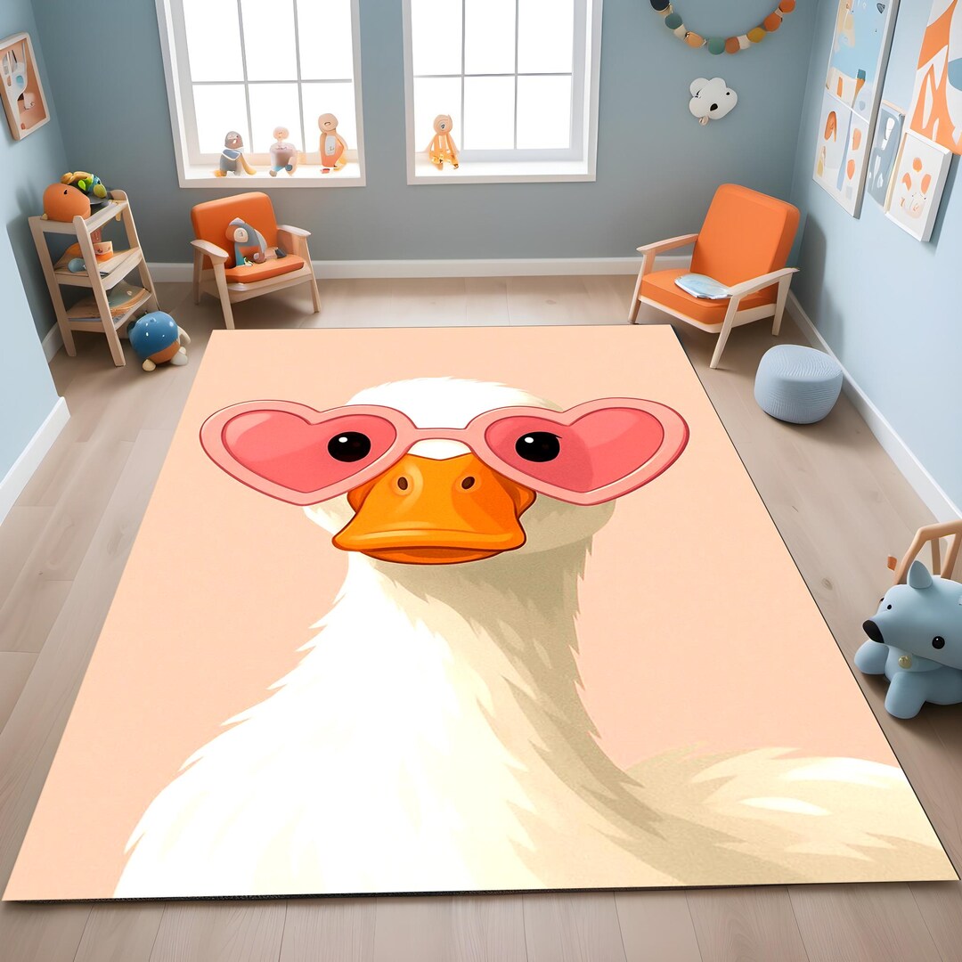 Cute Goose Kids Area Rug – Cartoon Duck Carpet With Heart Glasses ...