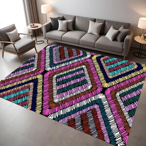 Boho Area Rug: Large Stripes, Colorful Abstract Geometric Design