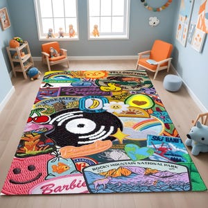 Vintage patchworktapijt, retro stickertapijt, avonturentapijt, reispatchtapijt, cartoontapijt, leuk vloerkleed kinderkamer, cadeau-idee voor kinderen, leuk interieur, cadeau-idee