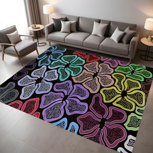 Tappeto floreale astratto: motivo floreale multicolore, arredamento moderno per il soggiorno