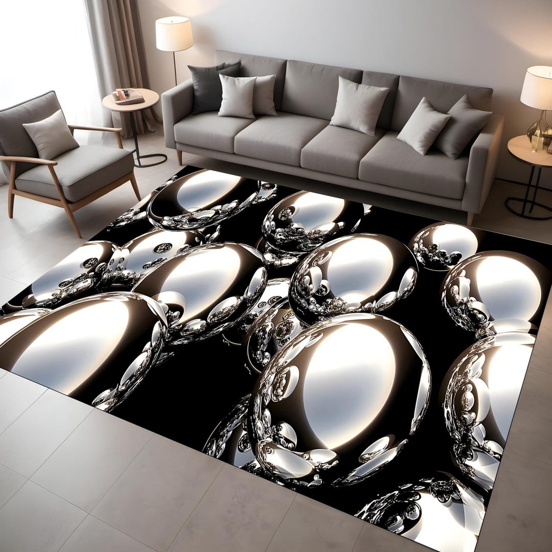 Metallic Sphere Rug: Futuristic 3D Optical Illusion, Silver Orb Design ...