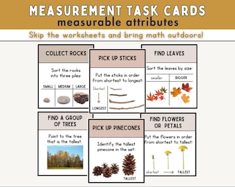 Measurement Task Cards | Measurable Attributes | Nature-Based Math Comparisons | Scavenger Hunt | Nonstandard Measurement | Outdoor Forest