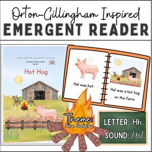 Puede incluir: Un libro de lectura emergente titulado "Hot Hog" con ilustraciones de un cerdo y un granero. El libro forma parte de una serie llamada "Emergent Reader Series" y tiene como tema la seguridad contra incendios. El libro enseña la letra "Hh" y el sonido /h/.