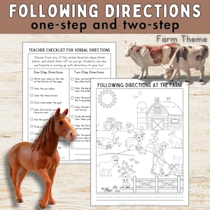 May include: Educational farm-themed worksheet with the text "FOLLOWING DIRECTIONS" and "one-step and two-step." Includes a teacher checklist and a coloring page. Features toy cows and a horse.