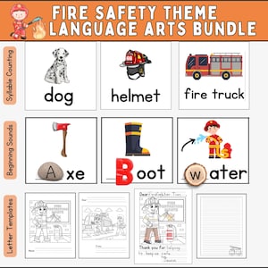 Paquete de actividades de lenguaje con temática de bomberos / Actividades de la semana de la seguridad contra incendios / Conteo de sílabas / Sonidos iniciales, fonética / Cómo escribir una carta