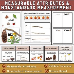 May include: A printable set of cards for teaching children about measurable attributes and nonstandard measurement. The cards feature images of rocks, sticks, leaves, pinecones, and flowers. The cards are labeled with words like "small", "big", "long", "longer", "longest", "tall", "heavy", "light", "short", "shorter", "shortest", and "tallest".