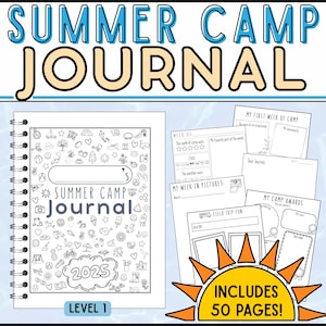 May include: A spiral-bound "Summer Camp Journal" with a cover featuring doodles and the year 2025. The journal includes 50 pages and is labeled "Level 1". Additional pages are visible, with prompts for camp activities.