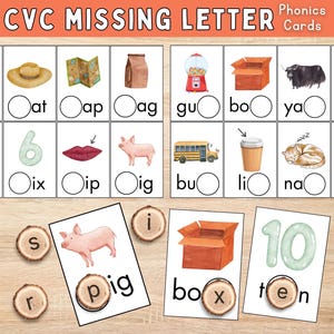 Tarjetas didácticas con letras faltantes de CVC / Fonética Orton Gillingham / Material imprimible para la educación en el hogar / Lectura en jardín de infantes / Aprendizaje basado en la naturaleza / Montessori