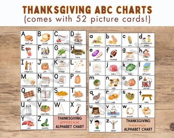 Thanksgiving Holiday ABC Alphabet Chart | Uppercase and Lowercase Letters | Printable Picture Word Cards