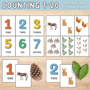 May include: Counting flashcards for numbers 1-20 with colorful numbers and corresponding pictures of animals and objects. The cards are white with a light blue border and the numbers are in a bold, colorful font.