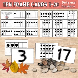 May include: Ten Frame Cards 1-20 Dots and Numbers. A set of ten frame cards with black dots representing numbers 1 through 20. The cards are printed on white paper and have a black border. There are also number cards with the numbers 3 and 17 printed on them.