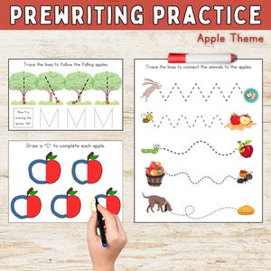 May include: A printable worksheet with three activities for preschoolers. The first activity is tracing lines to follow falling apples. The second activity is tracing lines to connect animals to apples. The third activity is drawing a "C" to complete each apple.