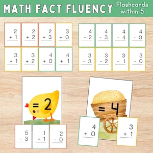 May include: Flashcards for learning maths facts within 5. The cards feature addition and subtraction problems with numbers 1 through 4. The answers are shown on separate cards with a cute chick and a wagon.