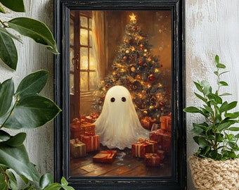 Ghost Decorating Christmas Tree, Vintage Poster, Art Poster Print, Dark Academia, Haunting Ghost, Halloween Decor, Christmas Print