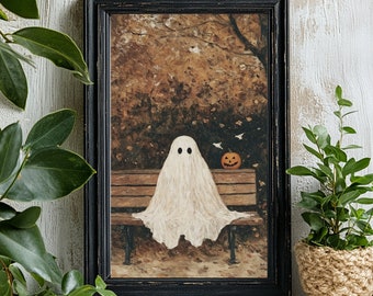 Dark Fall Ghost on Bench Print, Halloween Printable Wall Art, Halloween Poster Ghost Wall Art, Moody Halloween Decor Rustic Fall Print 836